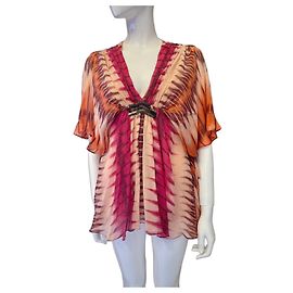 Blusa de seda estampada Antik Batik Marrom Rosa Laranja Cru