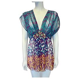 Túnica Antik Batik de seda estampada Blanco Multicolor Verde Púrpura Amarillo