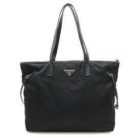 Prada Triangle Logo Nylon Leather Tote Bag Black