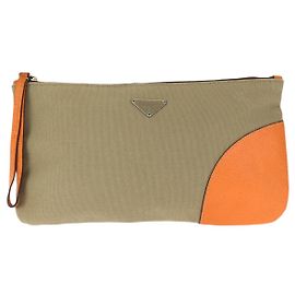 Clutch de lona e couro com logo Prada Marrom Bege