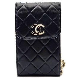 Chanel Mini bolsa crossbody com corrente - Porta-celular em pele de cordeiro Preto