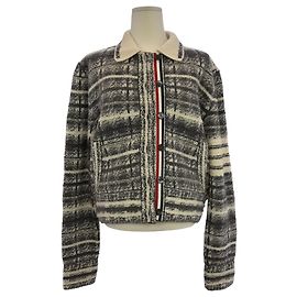 Thom Browne Pale Grey Striped TB Tartan Check Wool Polo Jacket Brown