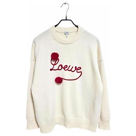 Loewe Strick mit Pom Pom Stickerei Weiß