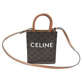 Céline Cabas Mini Vertical Triope Canvas Tan Calfskin Marrom