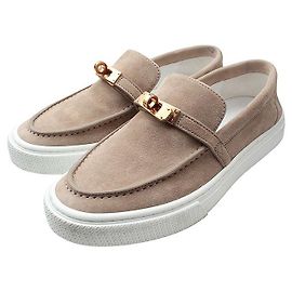 Hermès Mocassin Kelly en daim taupe et or rose Marron