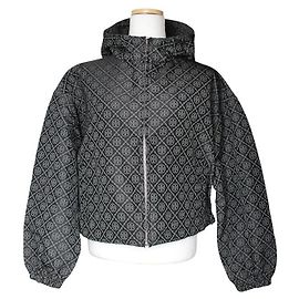 Tory Burch Charcoal Gray Logo Pattern Hooded Short Jacket Brown