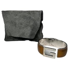 Pulseira de couro vintage Gucci Y2K Tan Prata Camelo