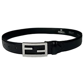 Vintage Fendi FF Logo Leather Belt Y2K Black Silver Black