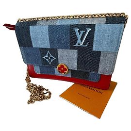 Louis Vuitton Pochette Twist Damier Denim Patchwork Borsa a Spalla Rosso Blu D'oro