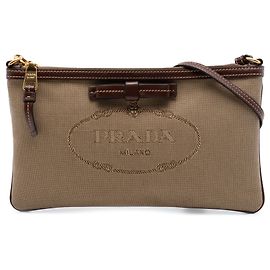 Bolsa de Ombro Prada Beige Canvas Canapa Logo Bow Bege
