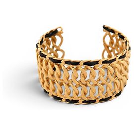 VINTAGE BRACELET CHANEL MANCHETTE CHAINE & CUIR ENTRELACE METAL DORE CUFF BANGLE Doré