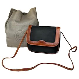 Bolso de hombro vintage Dior de lona y cuero negro y tan Camello
