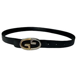 Vintage Gucci Double G Ledergürtel Schwarz Gold Silber Schwarz