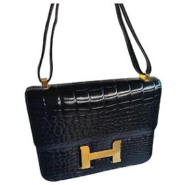 Autre Marque Black Croc-Embossed Leather Structured Handbag with H Clasp Black