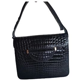 Autre Marque Black Crocodile Embossed Leather Top-Handle Bag Black