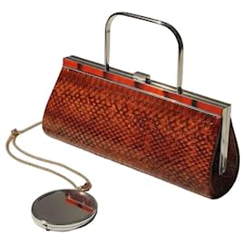 Autre Marque Brown Embossed Python Leather Clutch Bag with Handle Brown