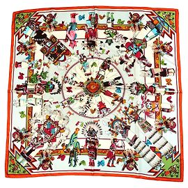Hermès Lenço Kachina Kermit Oliver 90cm Seda Marrom Rosa Branco Vermelho Verde Laranja Azul claro Gold hardware