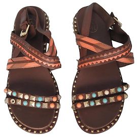 Ash Brown Studded Leather Flat Sandals with Colored Stones Brown Other
