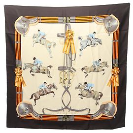 Hermès Hermes Carre 90 JUMPING Lenço Cachecol Marrom Multicor Bege