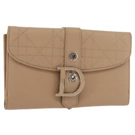 Christian Dior Bifold Wallet Leather Beige Silver Auth 181514 Silvery Beige