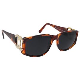 Óculos de sol CHANEL COCO Mark em plástico Marrom Ouro CC Auth 181291M Marrom Dourado