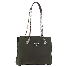 PRADA Chain Tote Bag Nylon Khaki Silver Auth 180596 Silvery Khaki