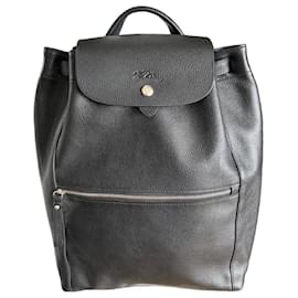 Longchamp Black Grained Leather Backpack Black
