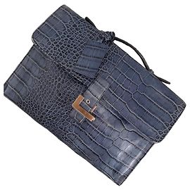 Bally Navy Blue Croc-Effect Leather Clutch Bag Dark blue