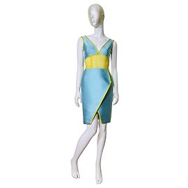 Autre Marque Angel Sanchez Robe en soie bleue avec taille ornée de jaune Bleu Jaune