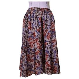 Autre Marque Saga Harbor Floral Print Silk Midi Skirt Brown Red Beige Purple