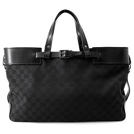 Sac cabas noir Gucci en toile GG et cuir Noir