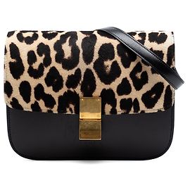 Céline Celine Bolsa Classic Box de couro de bezerro preto e crina de pônei com estampa de leopardo, tamanho Medium Preto