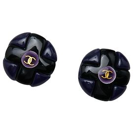 Orecchini a clip Chanel Vintage Coco Mark Nero D'oro Blu navy