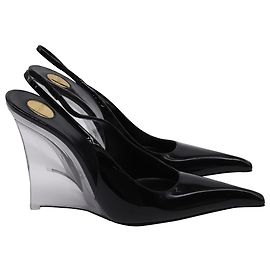 Saint Laurent Miller Slingback Wedge in Black Patent Leather Black