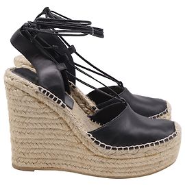 Espadrille Slingback Wedge Saint Laurent in pelle nera Nero