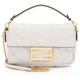 Fendi FF Embossed Leather 1974 Mini Baguette Shoulder Bag White