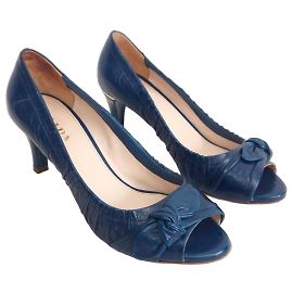 Prada Petrol Blue Open-Toe Leather Bow Pumps Blue