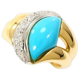 Autre Marque 18K Yellow Gold and Platinum Band Ring with Turquoise and Diamond Golden Other Turquoise