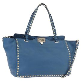 VALENTINO Rock Studs Tote Bag Leather 2way Blue Gold Auth BA13124 Blue Golden