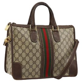 Bolsa GUCCI GG Supreme Web Sherry Line PVC 2way Bege Dourado Auth ti3926 Bege Dourado