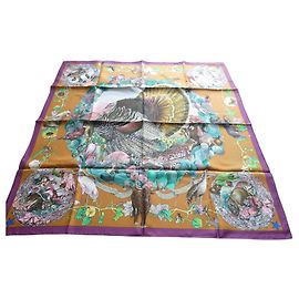 Hermès Lenço de seda "Faune et Flore du Texas" Marrom Rosa Branco Multicor Verde