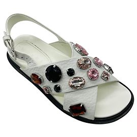 Marni White Multi Crystal Embellished Grained Leather Cross Strap Slingback Sandals White