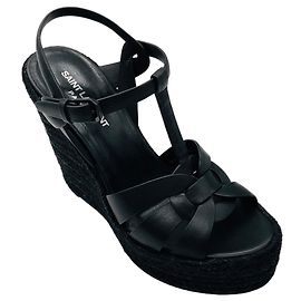 Sandali con zeppa espadrilles Tribute in pelle liscia nera Saint Laurent Nero