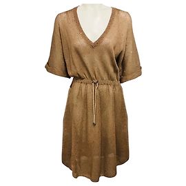 Robe en maille de lin et soie taupe à sequins Brunello Cucinelli avec sous-robe Marron