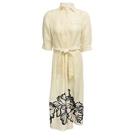 Vestido chemise midi de lin Kiton Ecru / Black Floral Printed Hem Button Front com cinto Bege
