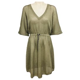 Abito in maglia Brunello Cucinelli in lino e seta con paillettes verde oliva e sottoveste Verde