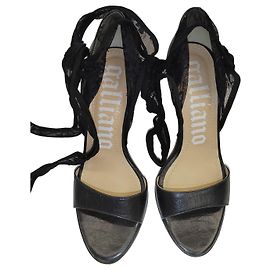 John Galliano Black Lace Leather High Heel Sandals Black