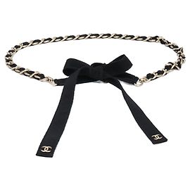 Chanel G20C Grosgrain-Bandgürtel mit Coco Mark Kette Schwarz Golden