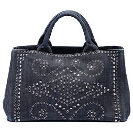 Bolsa satchel de denim cinza com tachas e logotipo Canapa Prada Marrom