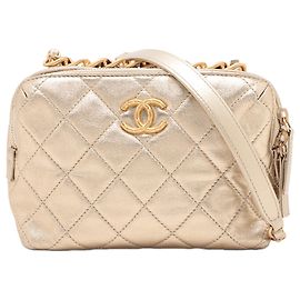 Chanel Gold Mini CC Quilted Metallic Lambskin Bowling Bag Golden